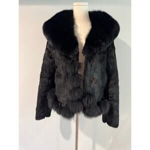 Mengzhihao Shiny Black Genuine Rabbit Fur Jacket Size Large
